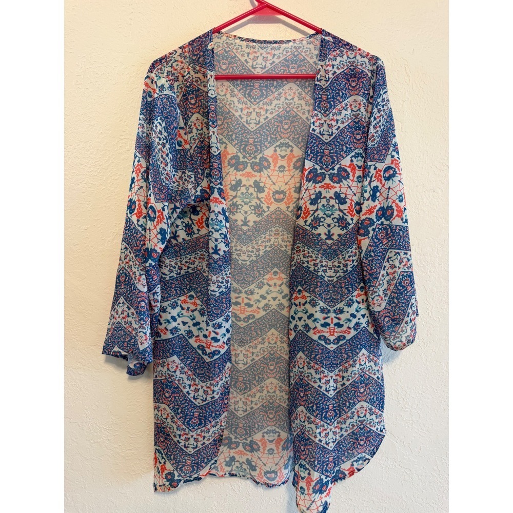 Twilight Gypsy Collective Blue Red Chevron Geometric Open Front Kimono Wrap S